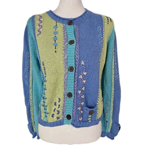 Vtg Norm Thompson Knit Art To Wear Embroidered Colorblock Cardigan Sweater Sz S - Picture 1 of 12